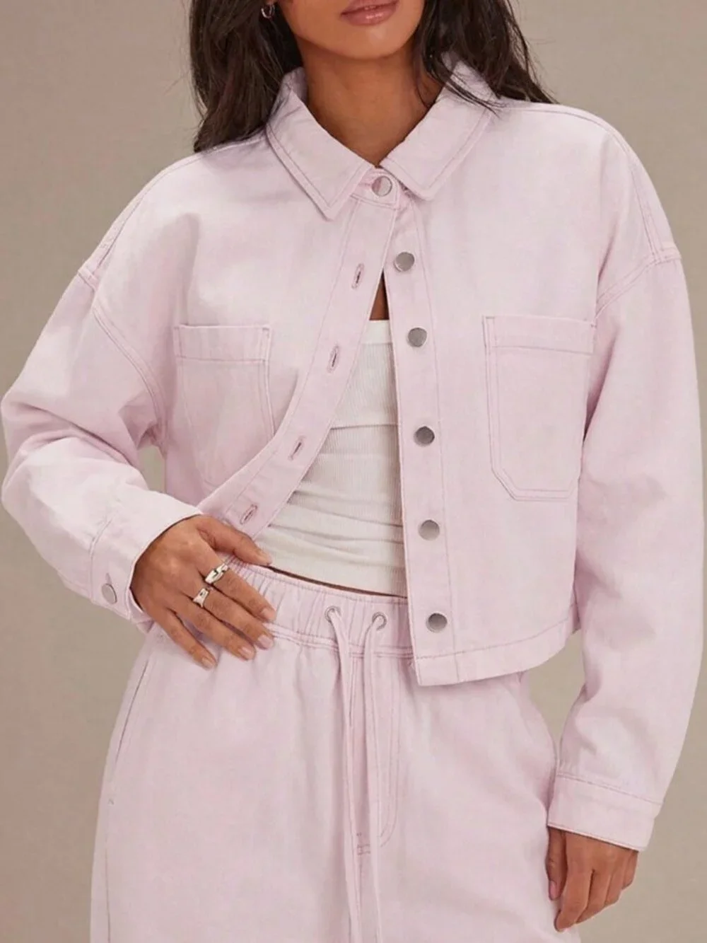Baby Pink Casual Women's Denim Denim Shirt